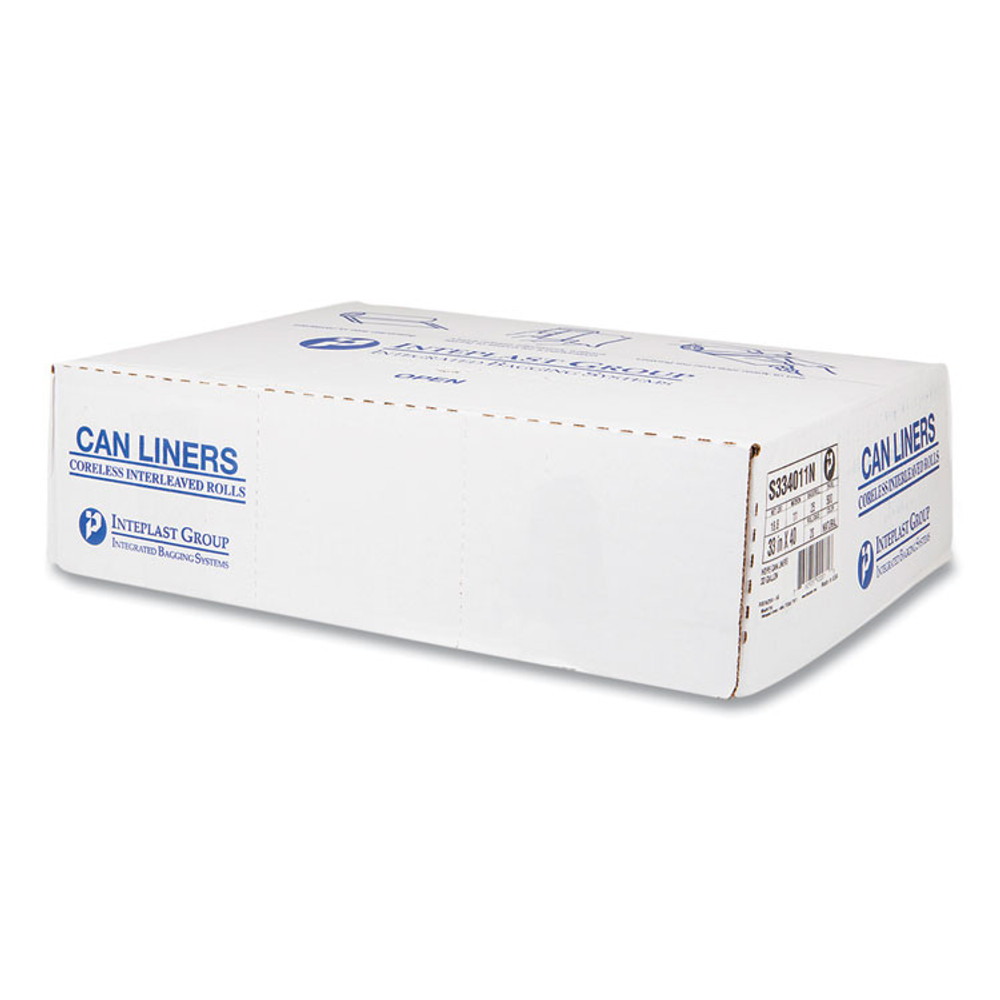 INTEGRATED BAGGING SYSTEMS Inteplast Group S334011N High-Density Commercial Can Liners, 33 gal, 11 mic, 33" x 40", Clear, Interleaved Roll, 25 Bags/Roll, 20 Rolls/Carton