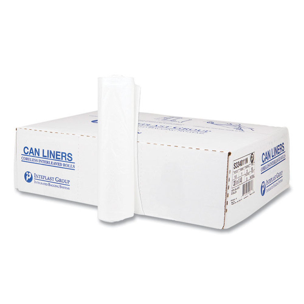 INTEGRATED BAGGING SYSTEMS Inteplast Group S334011N High-Density Commercial Can Liners, 33 gal, 11 mic, 33" x 40", Clear, Interleaved Roll, 25 Bags/Roll, 20 Rolls/Carton