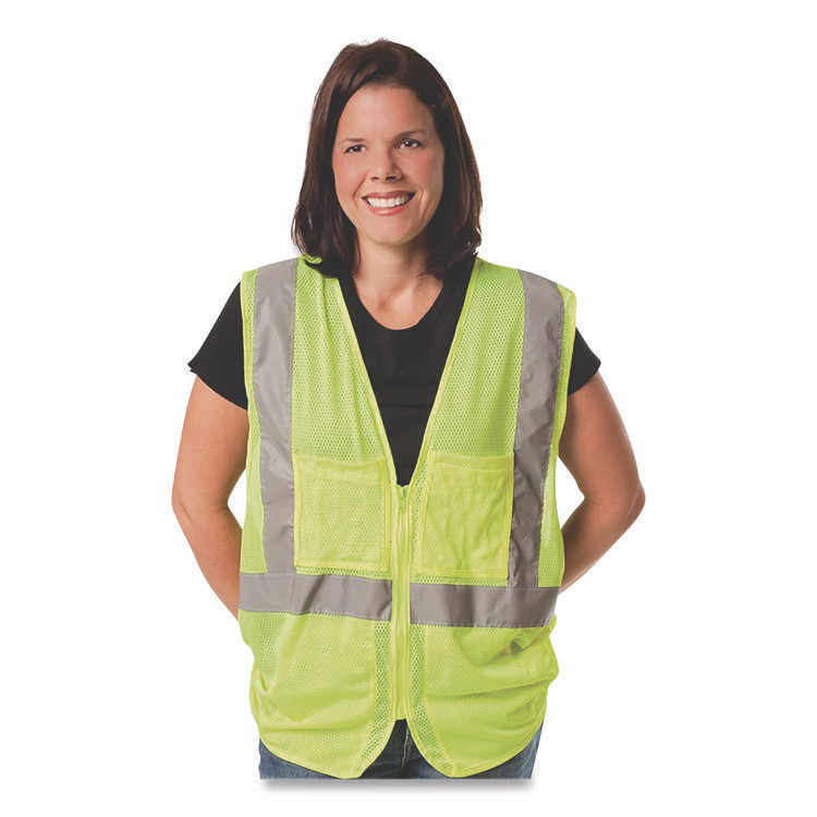 PROTECTIVE INDUSTRIAL PRODUCTS INC PIP 3020702ZLYXL ANSI Class 2 Two-Pocket Zipper Mesh Safety Vest, X-Large, Hi-Viz Lime Yellow