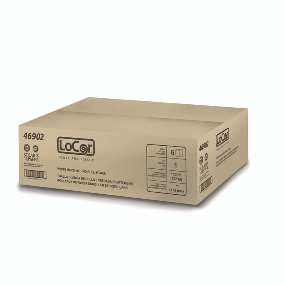 SOLARIS PAPER LoCor® 46902 Hard Wound Roll Towel. 1-Ply, 7” x 1,000 ft, White, 6 Rolls/Carton