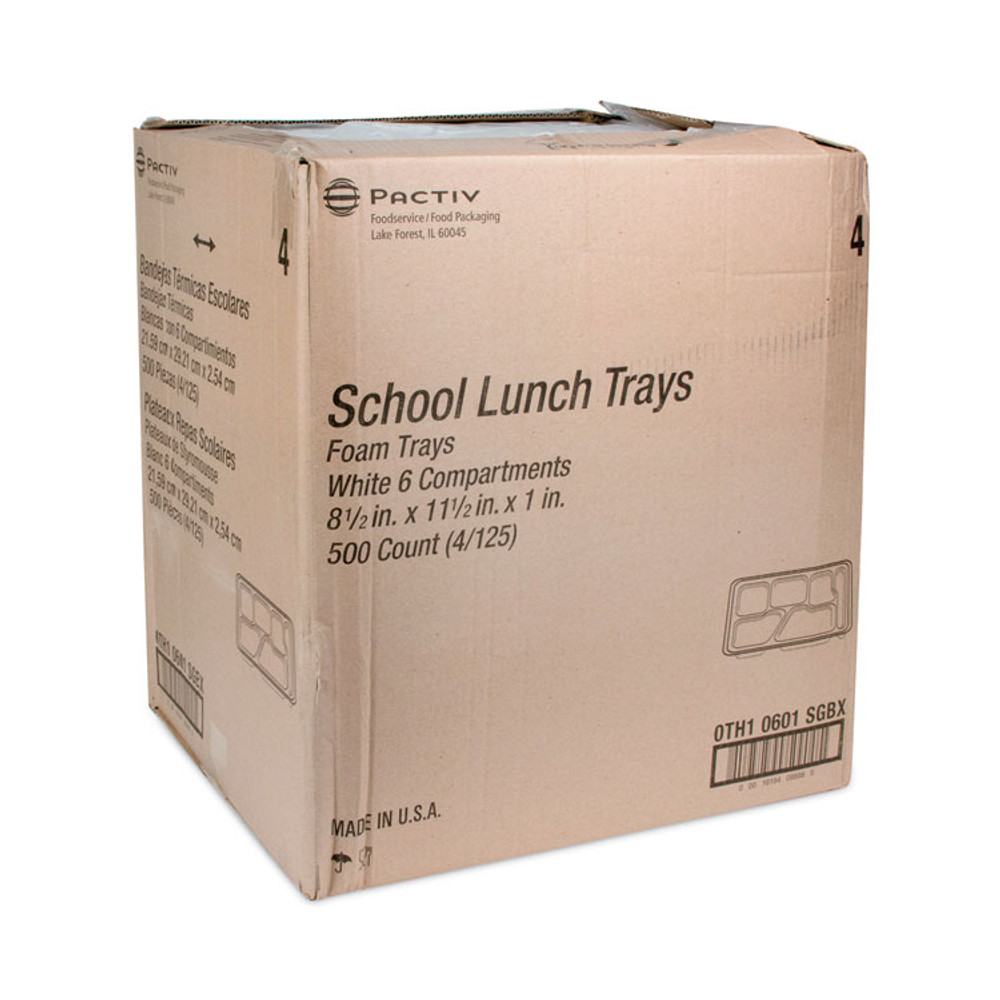 PACTIV EVERGREEN CORPORATION 0TH10601SGBX Foam School Trays, 6-Compartment, 8.5 x 11.5 x 1.25, White, 500/Carton