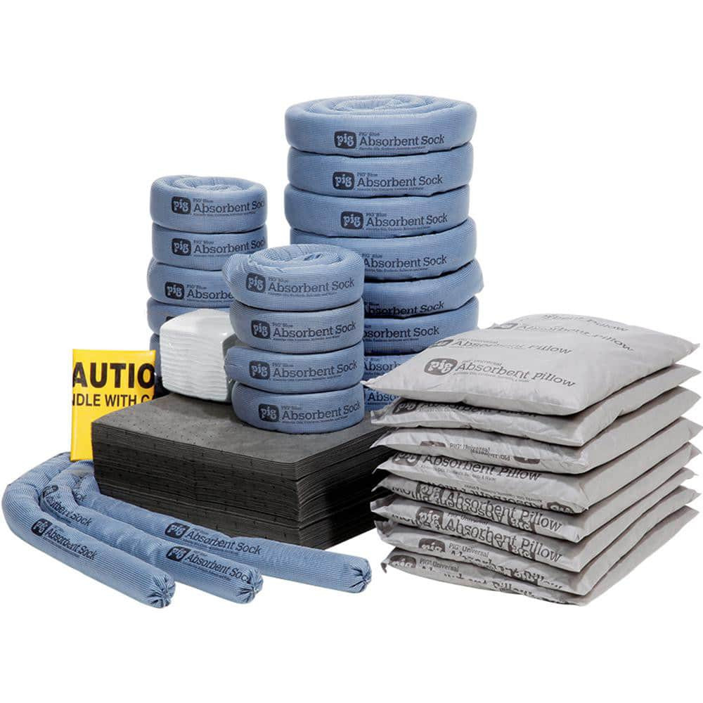 New Pig KITR202 Spill Kits; Kit Type: Universal Spill Kit; Container Type: None; Absorption Capacity: 60 gal; Capacity per Kit (Gal.): 60 gal; Includes: 60 - 15" W X 20" L Pig Absorbent Mat Pad; 1 - Instructions; 10 - Ext. Dia. 3" X 10' L Pig Blue Ab