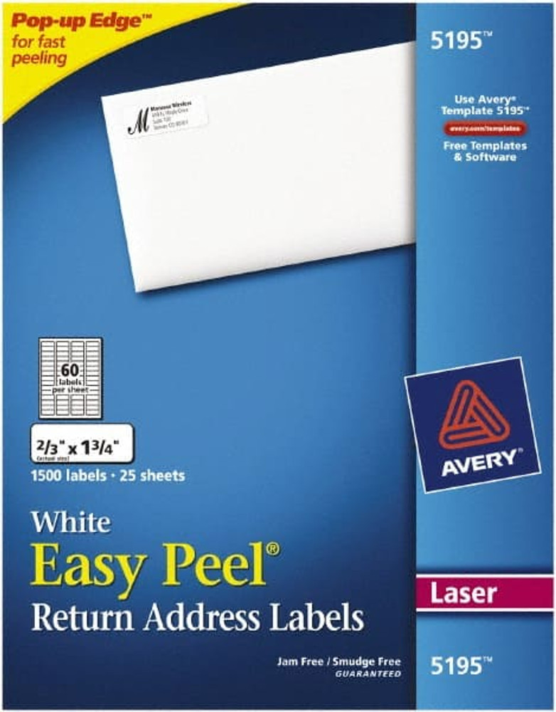 AVERY 05195 Label Maker Label: White, Paper, 1-3/4" OAL, 21/32" OAW, 1,500 per Roll