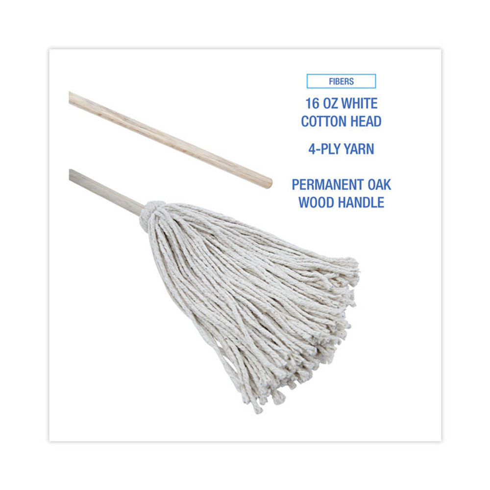 BOARDWALK 116C Handle/Deck Mops, #16 White Cotton Head, 48" Natural Wood Handle