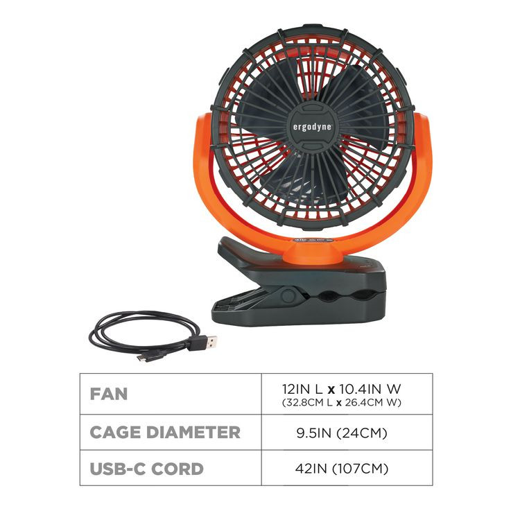 TENACIOUS HOLDINGS, INC. ergodyne® 12800 Chill-Its 6090 Rechargeable Portable Jobsite Fan, 9.5, Orange/Black