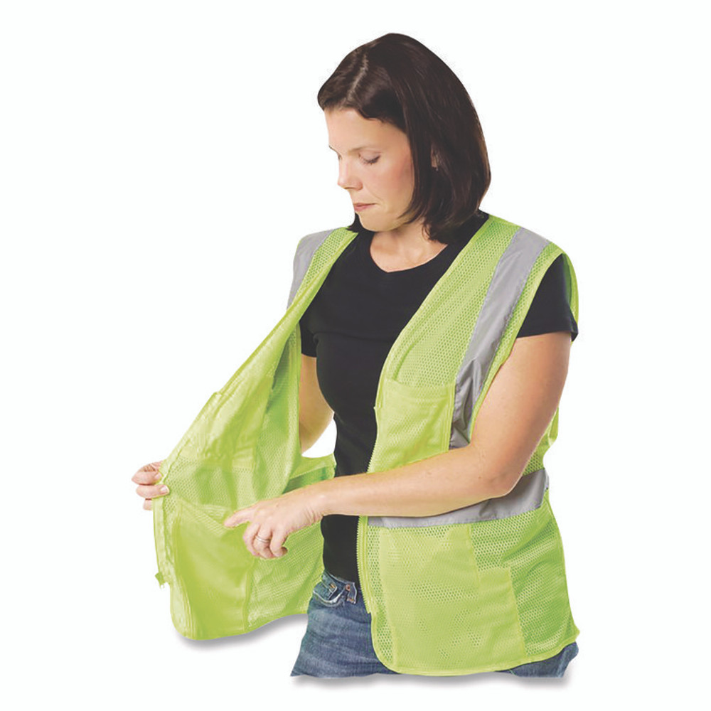PROTECTIVE INDUSTRIAL PRODUCTS INC PIP 302MVGZ4PLYL ANSI Class 2 Four Pocket Zipper Safety Vest, Polyester Mesh, Large, Hi-Viz Lime Yellow