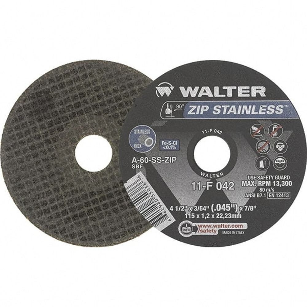 WALTER Surface Technologies 11F042 Cutoff Wheel: Type 1, 4-1/2" Dia, 0.05" Thick, 7/8" Hole, Aluminum Oxide