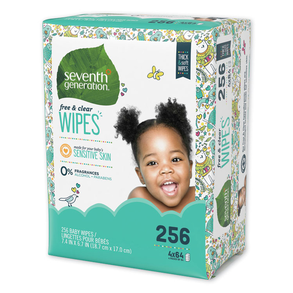 SEVENTH GENERATION 34219 Free and Clear Baby Wipes, Refill, 7 x 7, Unscented, White, 256/Pack