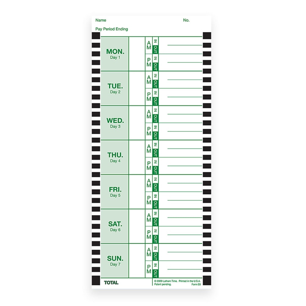 LATHEM TIME CORPORATION E8-100 Lathem Time Cards, E8-100, Weekly, 1-Sided, 8 1/2in x 3 3/4in, White, Box Of 100