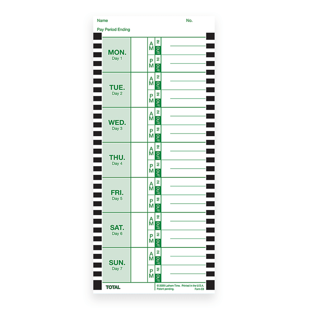LATHEM TIME CORPORATION E8-100 Lathem Time Cards, E8-100, Weekly, 1-Sided, 8 1/2in x 3 3/4in, White, Box Of 100
