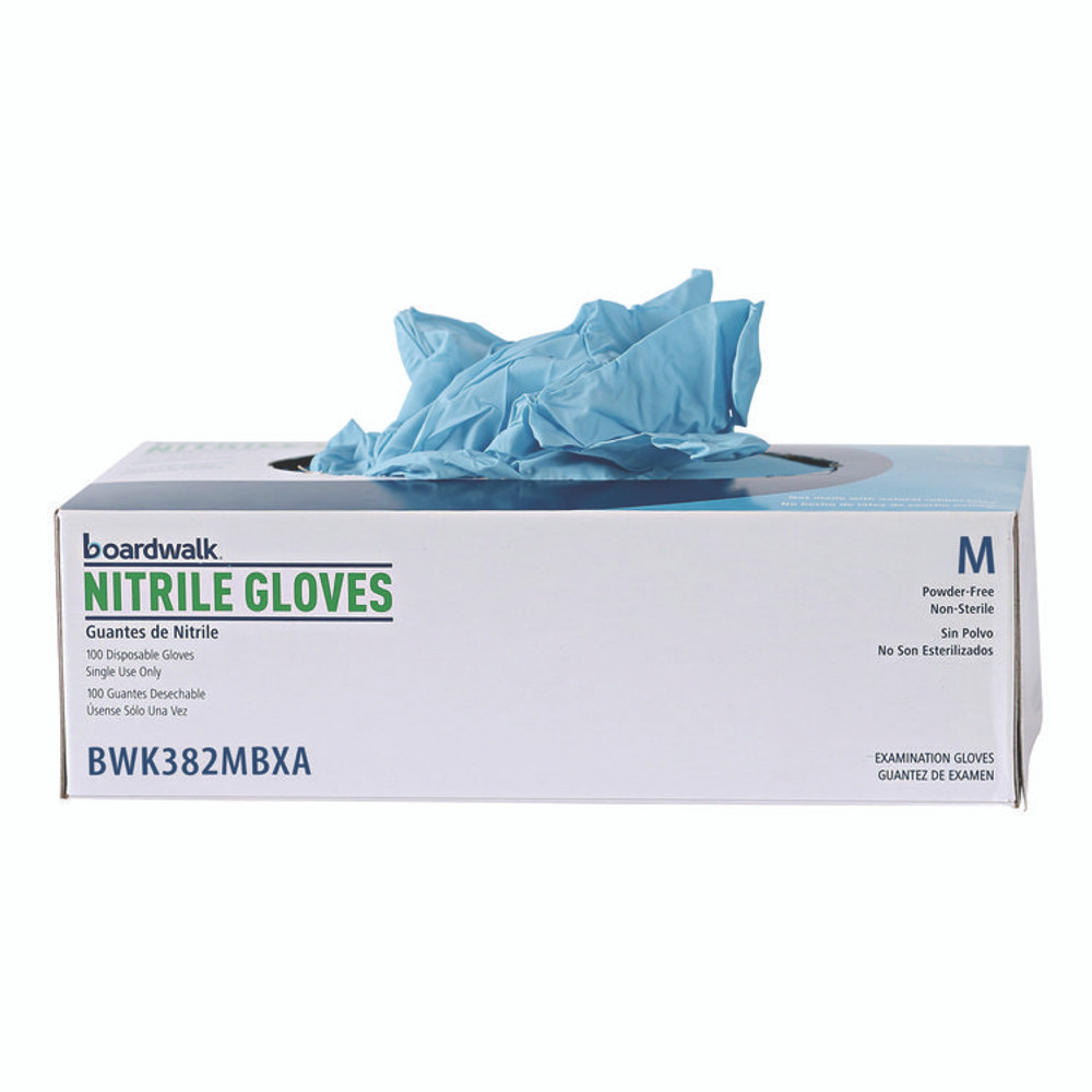 BOARDWALK 382MBXA Disposable Examination Nitrile Gloves, Powder-Free, Medium, 5 mil Thick, 9.5" Long, Blue, 100/Box