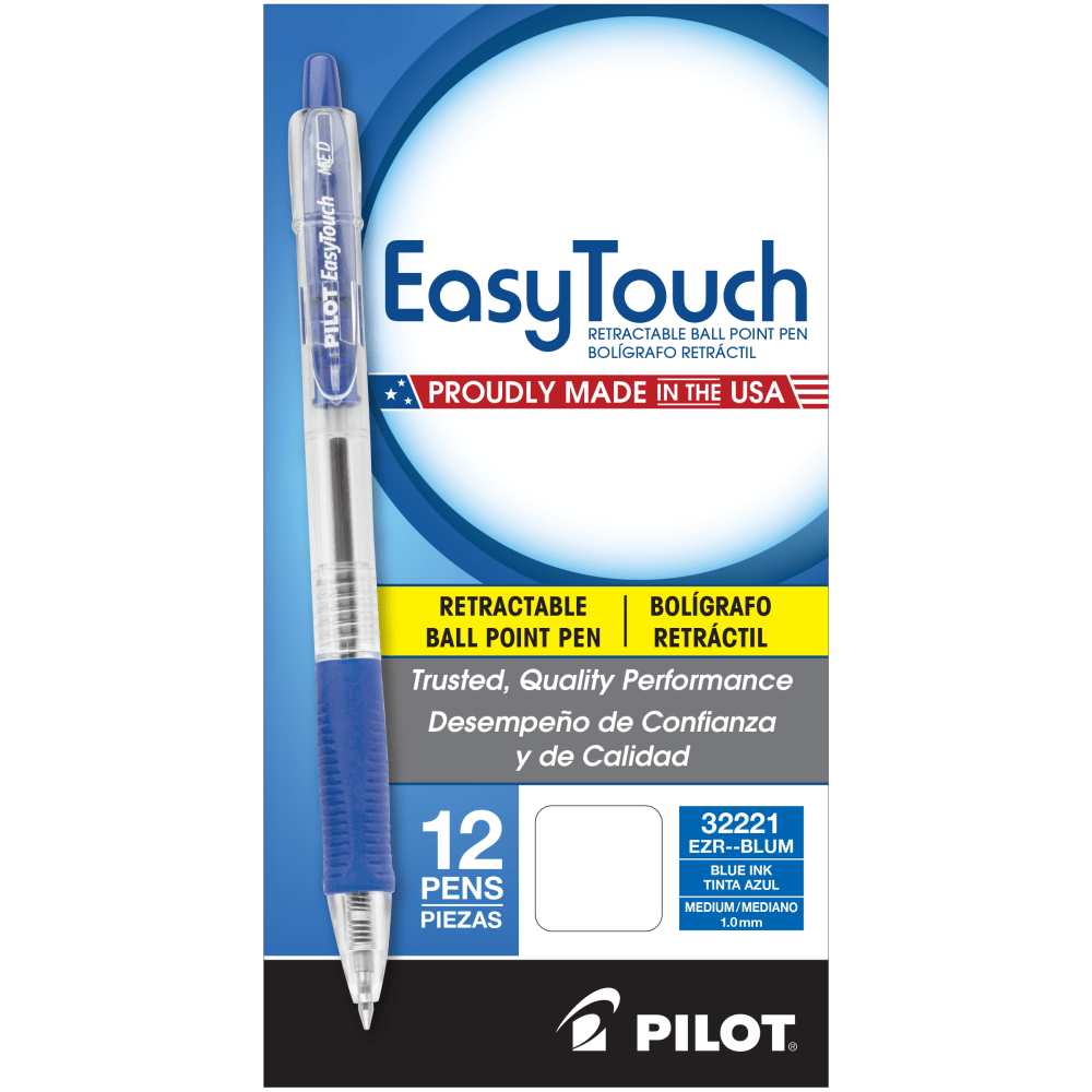 Neat, legible notes can help you remember critical details after a long meeting or conference call. These EasyTouch pens have an expansive grip that helps keep your hands comfortable as you write.  A simple click retracts the tip into the barrel. Great for preventing accidental marks and to prolong the life of your ink.  Form-fitting latex-free grip for comfort. The large, cushiony grip on these Pilot pens is easy on your fingers and lets you write with more comfort and control.  Refillable for continued use.  Med-point pens with blue ink are a great choice for everyday use at school or the office.  Refillable - designed to be used repeatedly, helping you avoid single-use disposables and potentially save money.