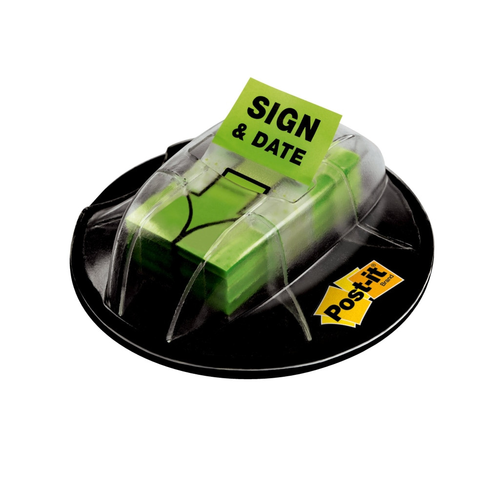 3M CO 680-HVSD Post-it Message Flags in Desk Grip Dispenser, "Sign & Date", 1in x 1 -11/16in, Bright Green, 200 Flags