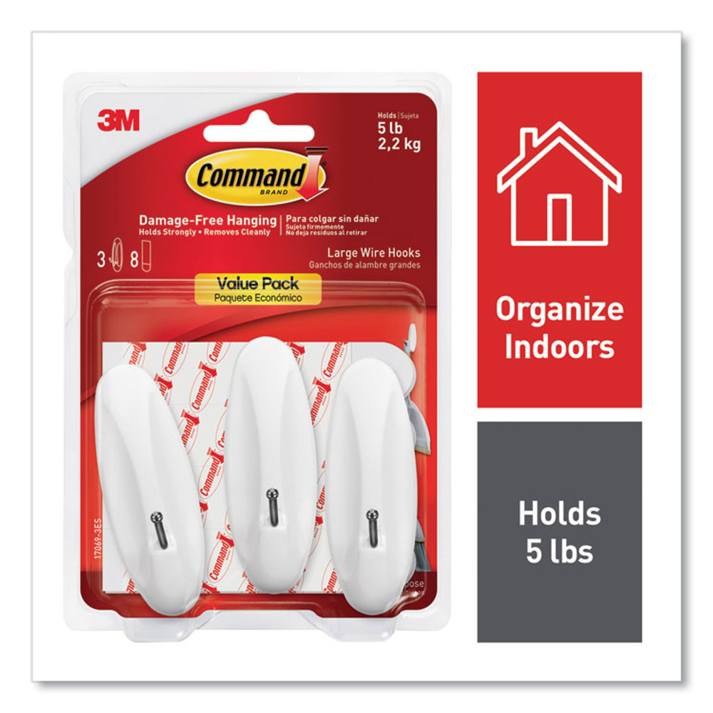 3M/COMMERCIAL TAPE DIV. Command™ 170693ES General Purpose Wire Hooks, Large, Metal, White, 5 lb Capacity, 3 Hooks and 8 Strips/Pack