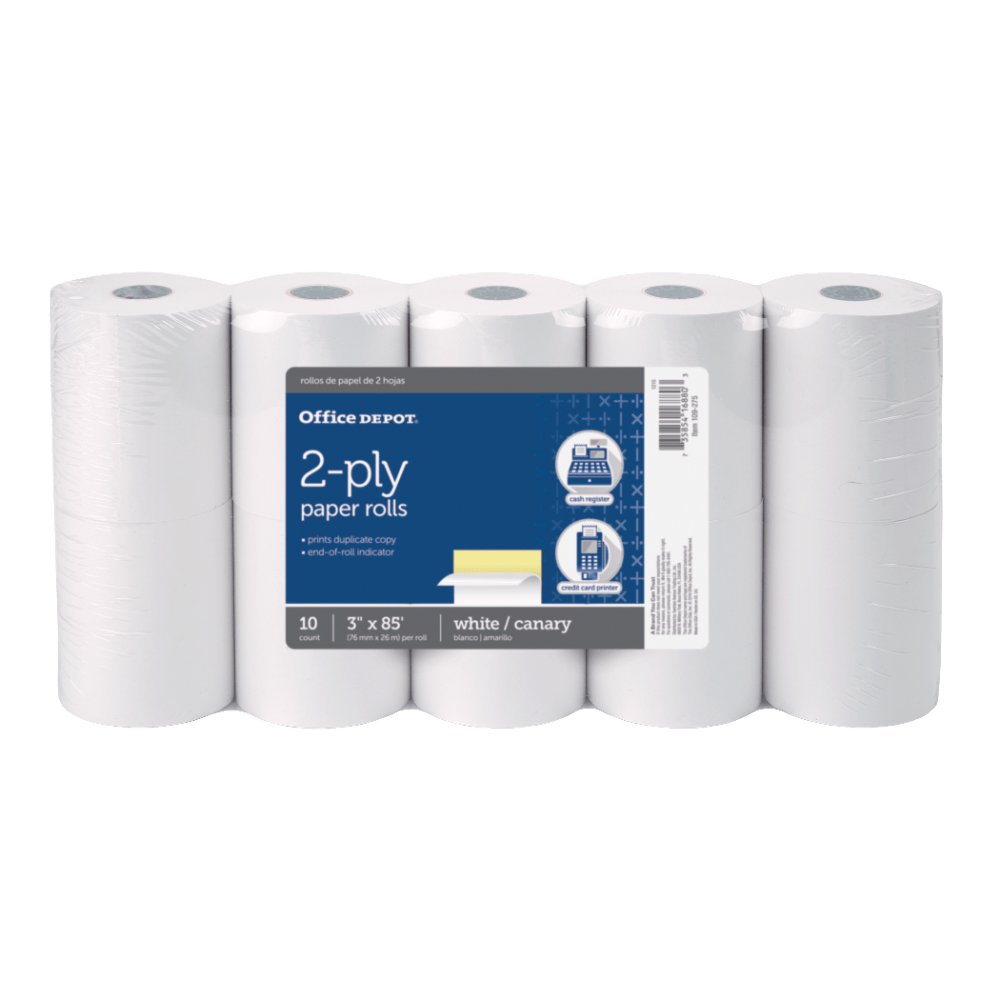 Ideal for most printing calculators and credit card terminals.  2-ply rolls provide duplicate copies instantly.  Bright white, lint-free rolls have a canary or white duplicate.  Available in a variety of widths to best suit your machine.  Pack of 10 paper rolls.