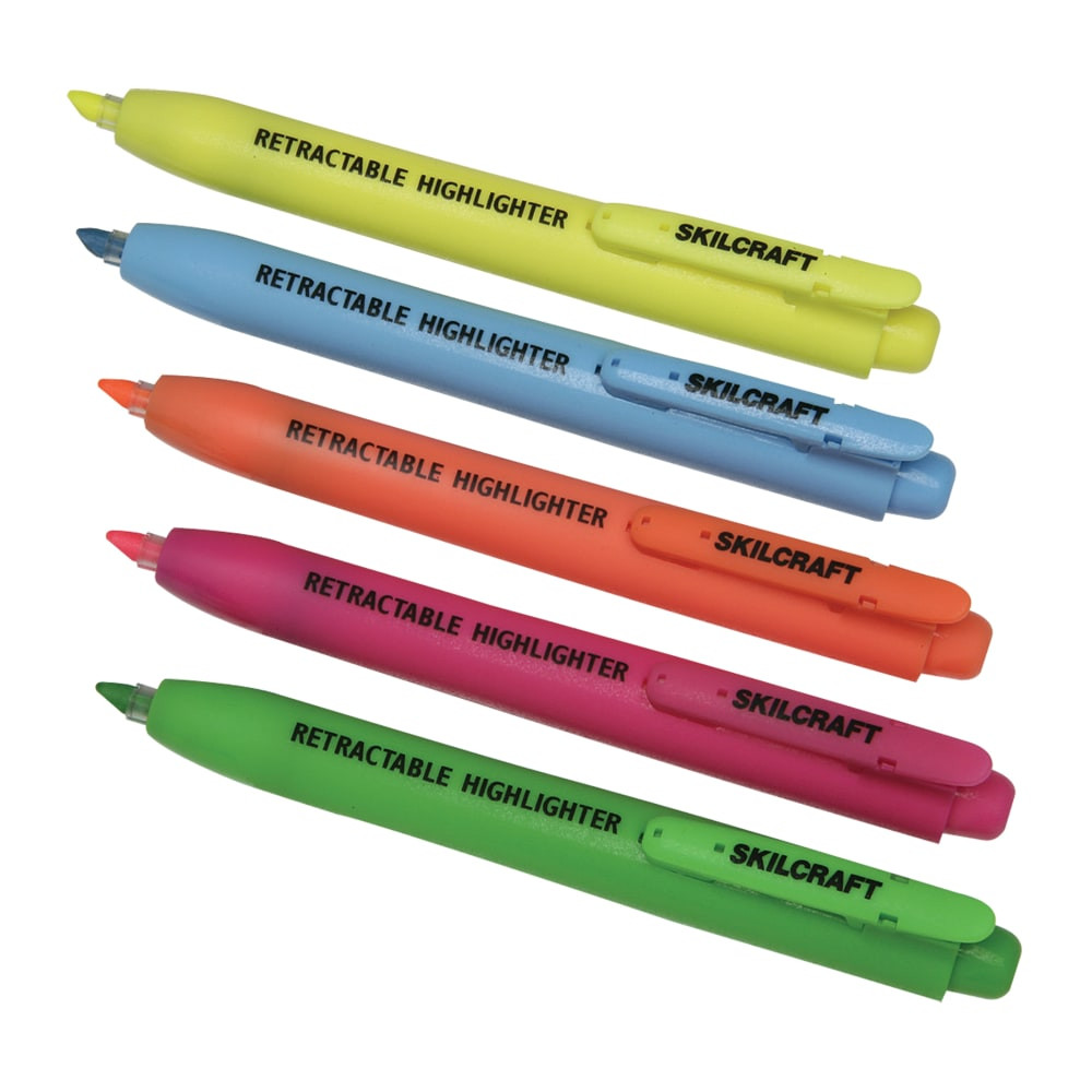 NATIONAL INDUSTRIES FOR THE BLIND 5548211 SKILCRAFT Retractable Chisel-Tip Highlighters, Pack Of 5 (AbilityOne 7520-01-554-8211)