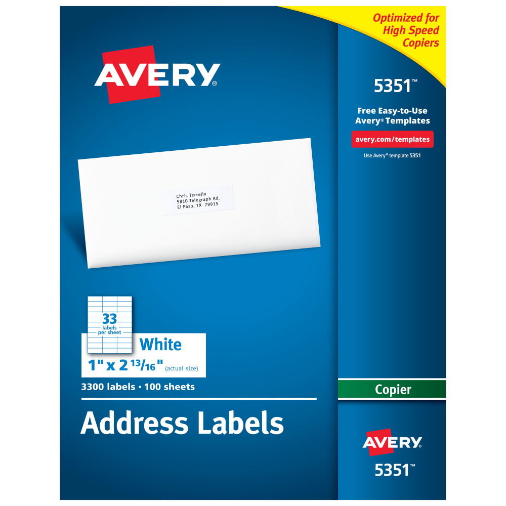 AVERY PRODUCTS CORPORATION 5351 Avery Copier Permanent Address Labels, 5351, 1in x 2 13/16in, White, Pack Of 3,300