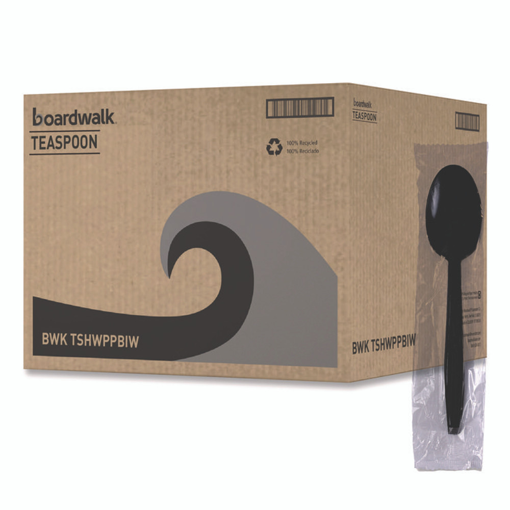 BOARDWALK TSHWPPBIW Heavyweight Wrapped Polypropylene Cutlery, Spoon, Plastic, Black, 1,000/Carton