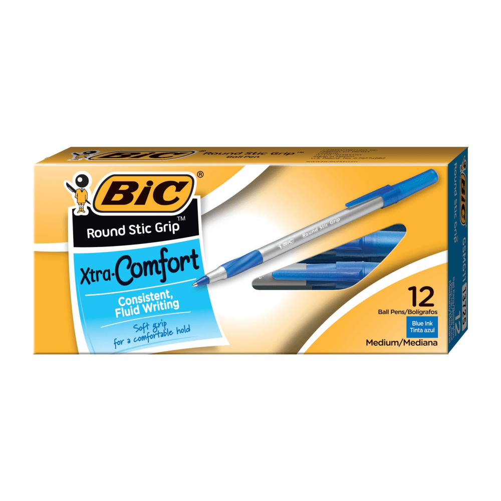 BIC CORP BIC GSMG11-BLU  Round Stic Grip Xtra Comfort Ballpoint Pens, Medium Point, 1.2 mm, Gray Barrel, Blue Ink, Pack Of 12 Pens