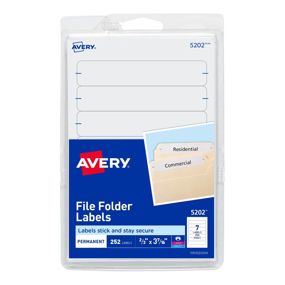 AVERY PRODUCTS CORPORATION Avery 5202  File Folder Labels On 4in x 6in Sheet With Easy Peel, 5202, Rectangle, 2/3in x 3-7/16in, White, Pack Of 252 Labels