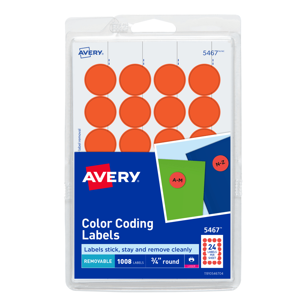 AVERY PRODUCTS CORPORATION 5467 Avery Removable Color-Coding Labels, 5467, Round, 3/4in Diameter, Neon Red, Pack Of 1,008