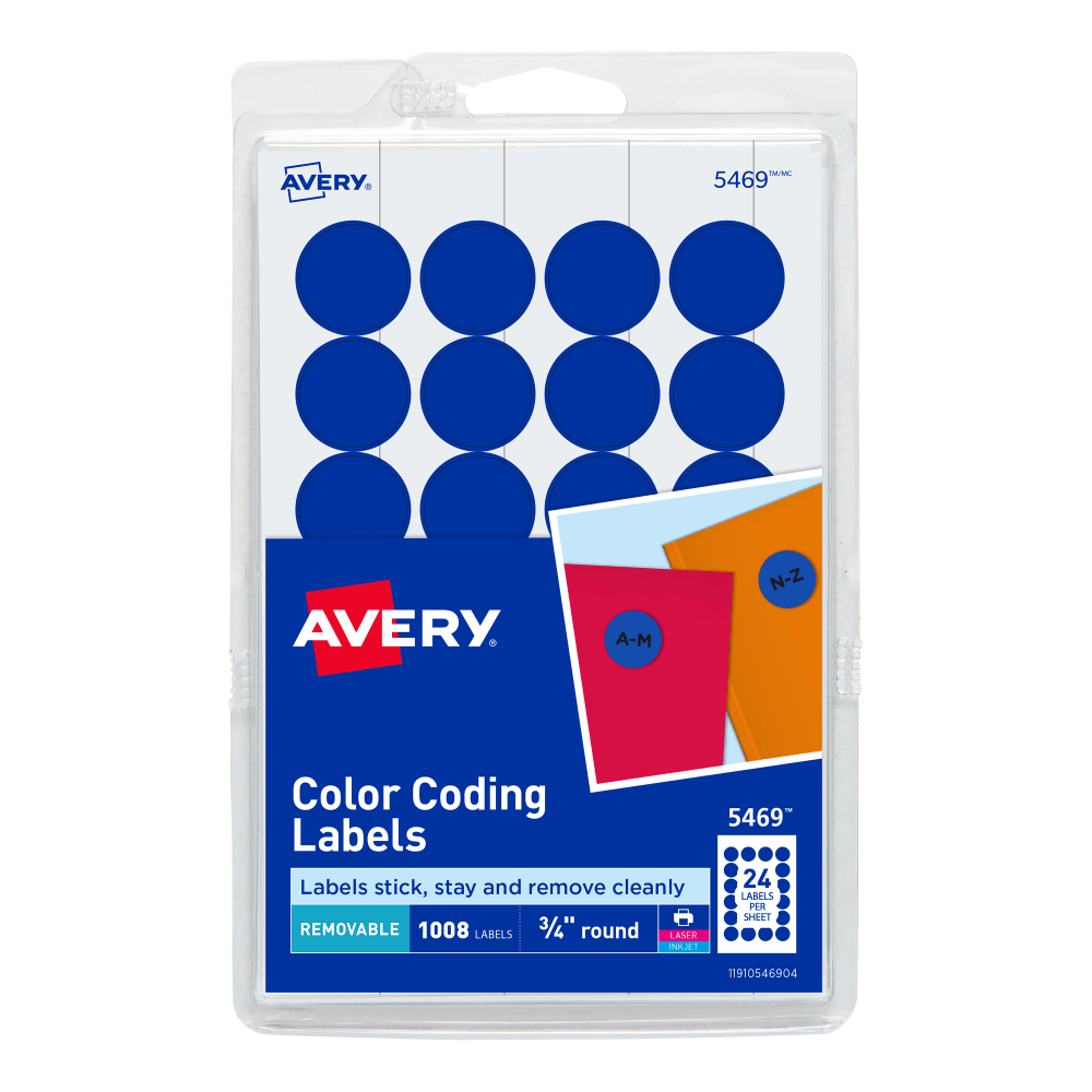 Add some color to your life. These Removable Print or Write Color Coding Labels aid in organizing your home or workplace. The round labels stick firmly to documents, inventory, sale items and more to draw the eye and help keep your important objects well sorted.  Great for color coding, inventory and document control, schedules, calendars, organizing, routing, price marking, sale items and more.  Round labels stick and stay in place with removable adhesive designed to peel away easily and cleanly when needed.  Customize your printable labels with free designs and templates on the Avery website.  Handwrite directly on the circle labels or print your custom stickers on the 4in x 6in sheets with your laser or inkjet printer.  Not recommended for use with color laser printers.  Forest Stewardship Council (FSC) certified - made from wood/paper that comes from forests managed to rigorous environmental and social standards, supported by the worlds leading conservation organizations.  Leadership forestry - from forests or sourcing programs that meet specific environmental standards, helping you support practices that better protect forests and the environment.
