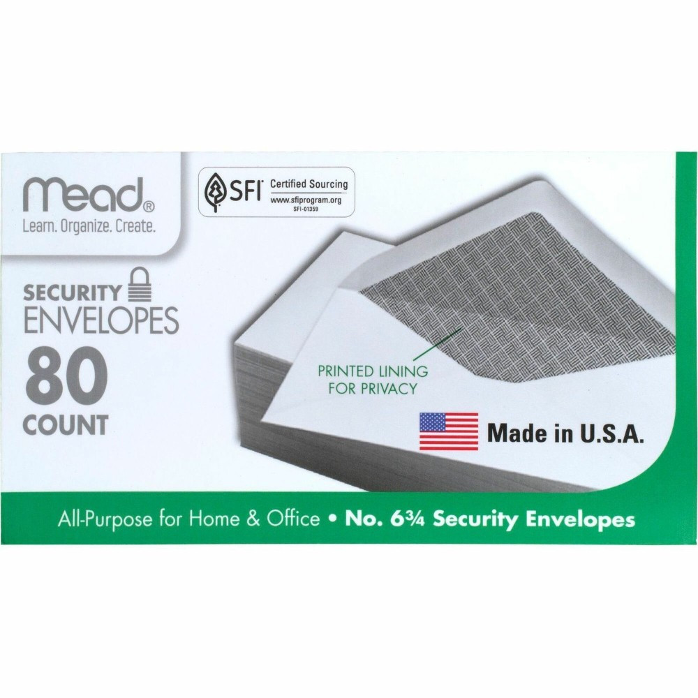 MEADWESTVACO CORP Mead 75212  White Security Envelopes - Security - #6 3/4 - 6 1/2in Width x 3 5/8in Length - 20 lb - Gummed - Wove - 80 / Box - White