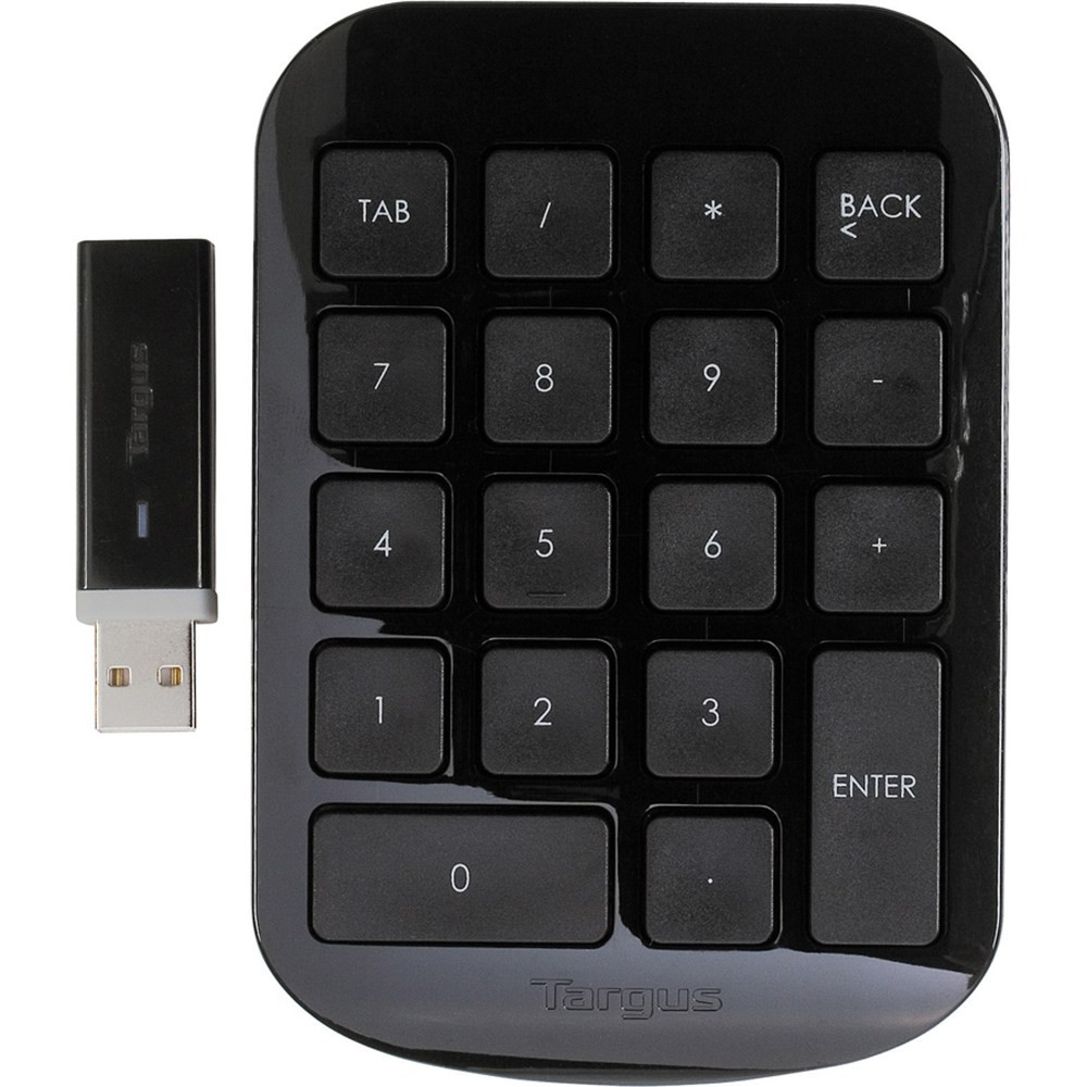 The wireless design of the black and gray numeric keypad by Targus eliminates cable clutter. This wireless numeric keypad makes it easy to enter numbers efficiently.  Supports cordless operation at a range of up to 33ft.  Numeric keypad lets you enter numbers quickly. Lets you quickly and easily do calculations and type numbers into spreadsheets and other applications. And its faster than using the numerals across the top of your keyboard.  Full-size 0.75in keys improve keying speed and accuracy.  Keypad tilts to provide added comfort. The ergonomic design helps reduce wrist strain.  Wireless USB receiver stores inside of the keypad when not in use, for added convenience.  Built-in battery indicator lets you know when the batteries are running low.