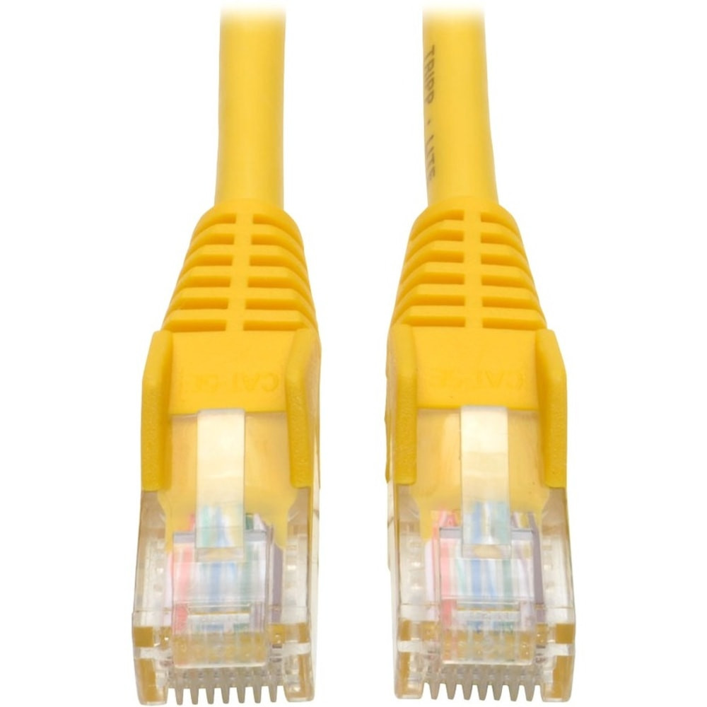 Tripp Lites 1.52 m (5-ft.) Yellow snagless category 5e (Cat5e) patch cable has 2 snagless RJ45 molded male connectors featuring integral strain relief. The cable is manufactured from PVC 4-pair stranded UTP and is rated for 350MHz/1Gbps communication. All cables are offered in a variety of lengths and colors for all category 5 (Cat5) and 5e cabling needs. Standard, non-snagless category 5e patch cables are also available (N002-Series).   Rated for 350MHz / 1Gbps communication  Available in other colors and lengths  PVC 4-pair stranded UTP  Length: 5-ft. (1.52 m) color: Yellow connectors: RJ45 male  Also available without the snagless feature (N002-Series)  Feature molded connectors with integral strain relief  Also available - Cat6 cables (N201-Series)  Snagless design protects the locking tabs on the RJ45 connectors from being damaged or snapped off during installation  Meets most current industry standards including IEEE 802.3ab, IEEE 802.5, ANSI/EIA/TIA 568, ISO/IEC 11801 and ETL (category 5e draft 11)  Cabling for category 5 (Cat5) and 5e (Cat5e) applications