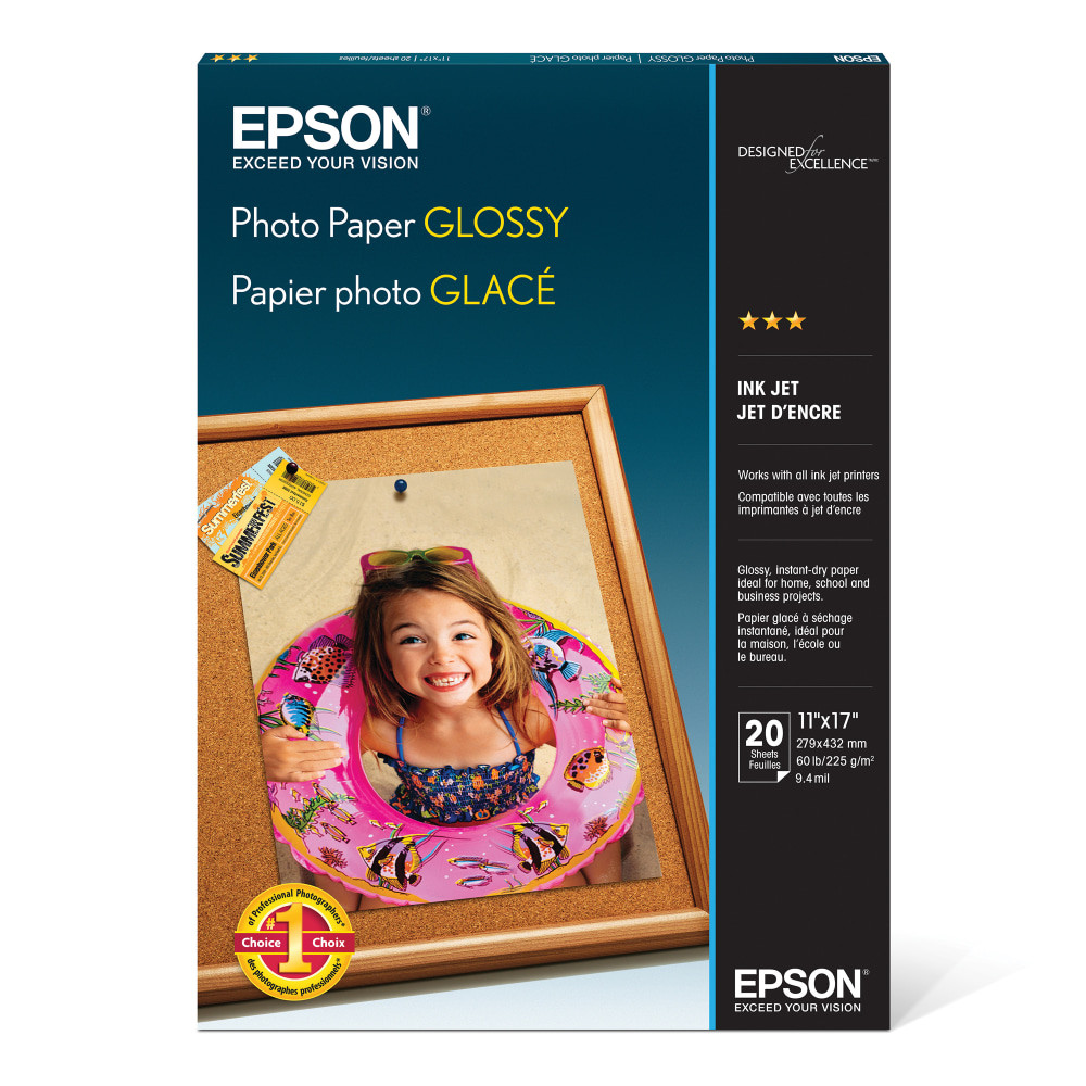 Print quality photos for display with Epson paper thats designed for inkjet printers. The glossy photo paper delivers a smooth finish that is ideal for everyday photos.  High-brightness paper creates brilliant photo-quality color and lifelike images.  Designed for use with most inkjet printers. Provides optimum results on Epson Stylus and Stylus Photo printers.  Glossy finish creates a lab-quality look and feel. Print your own digital photos, reprints, contact sheets and enlargements.  Photo paper measures 11in x 17in.