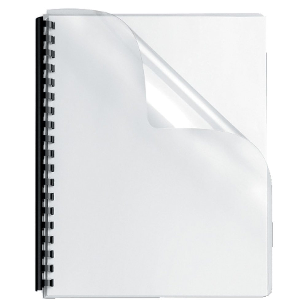 Made of durable, clear plastic to protect bound documents from spills and tears  Unpunched covers easily adapt to any binding system.  Excluding thermal binding systems.  Features square-corner pages for a sharp, professional look.  Transparent cover highlights your title page  Durable plastic protects bound documents from spills and tears  8-3/4in x 11-1/4in size with rounded corners  Un-punched covers adapt to any binding system  Not for use with thermal-binding systems