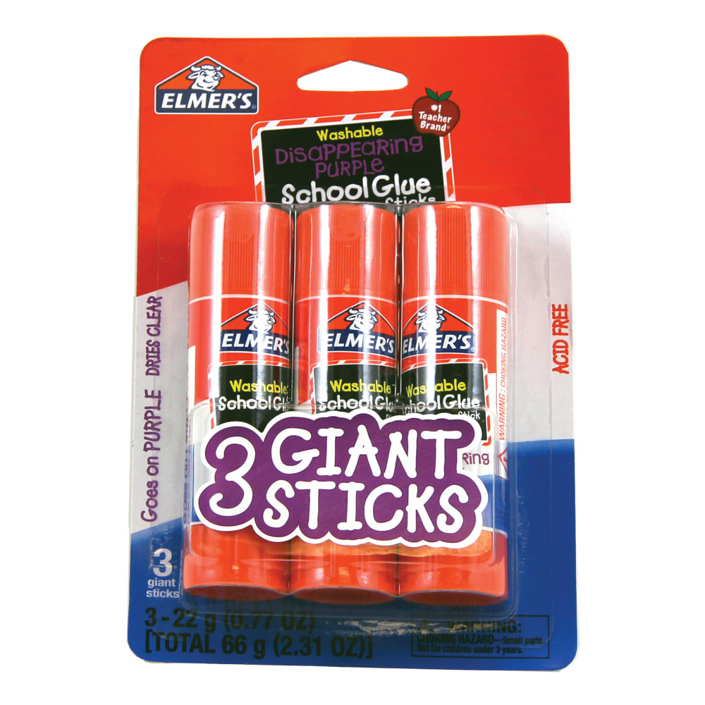 Assemble school projects, crafts, decorations, and more with the non-toxic adhesive of Elmers Disappearing Purple School Glue Sticks. Specially formulated to be easy to use and clean up, this glue is purple when first applied so its easy to see, then it dries clear for great results.  Everyones favorite for easy, no-mess bonding  Goes on purple and dries clear so you can see where you are gluing  Smooth for easy application  Acid free, photo safe, non toxic and washable  Remote learning from anywhere is easier with the right essentials.