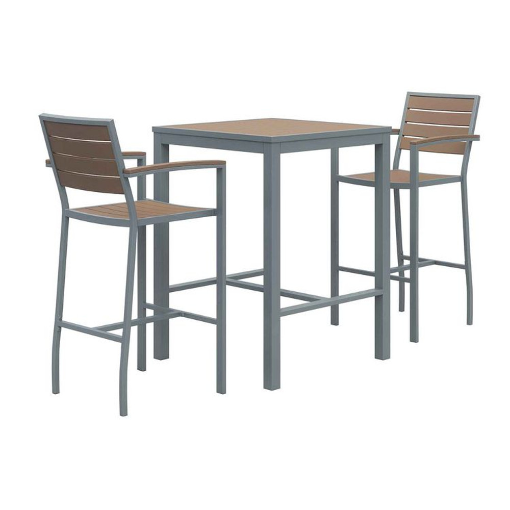 KFI STUDIOS 840031925251 Eveleen Outdoor Bistro Patio Table with Two Mocha Powder-Coated Polymer Barstools, 30" Square, Mocha
