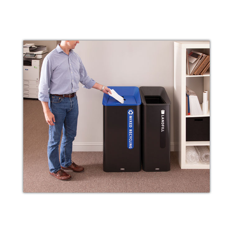 RUBBERMAID COMMERCIAL PROD. 2078967 Sustain Decorative Refuse with Recycling Lid, 15 gal, Metal/Plastic, Black