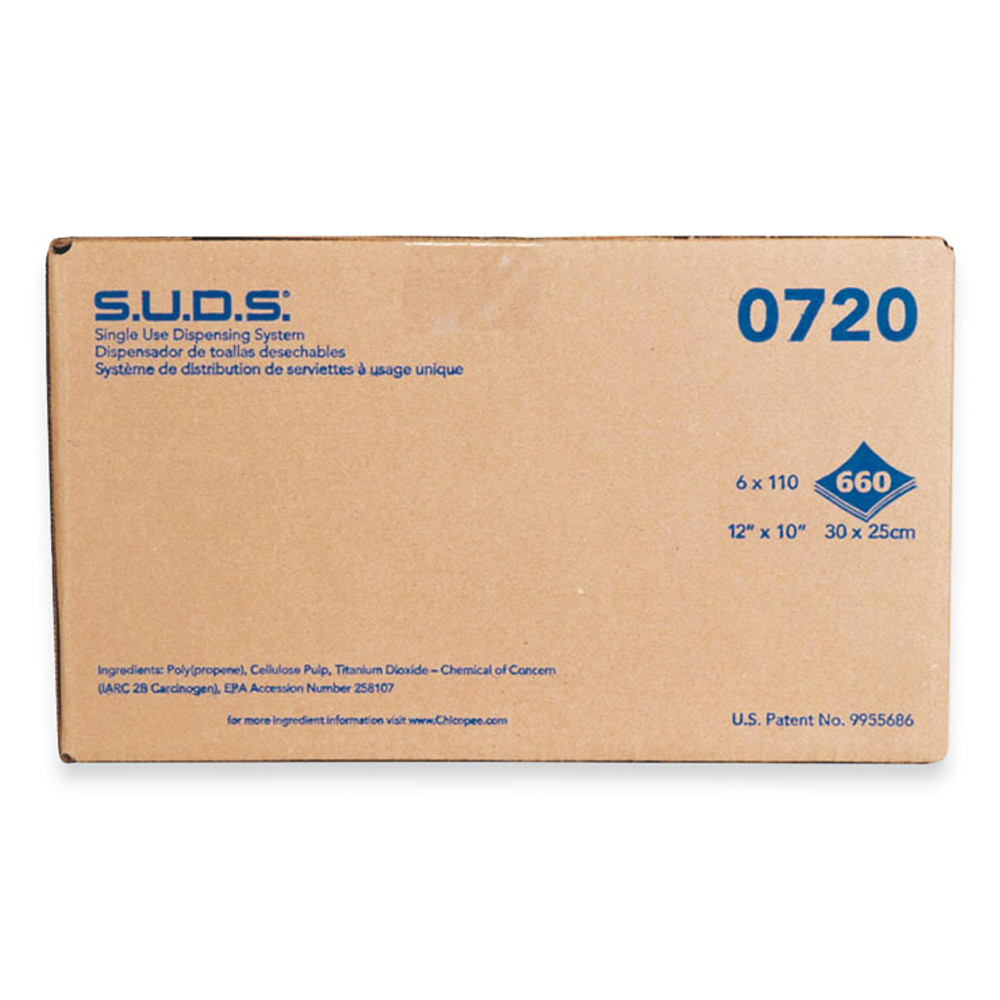 CHICOPEE, INC 0720 S.U.D.S. Single Use Dispensing System Towels For Quat, 1-Ply, 10 x 12, Unscented, White, 110/Roll, 6 Rolls/Carton