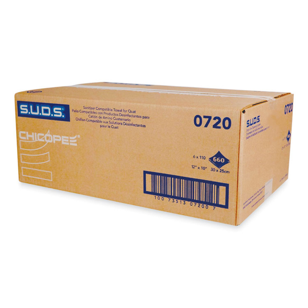 CHICOPEE, INC 0720 S.U.D.S. Single Use Dispensing System Towels For Quat, 1-Ply, 10 x 12, Unscented, White, 110/Roll, 6 Rolls/Carton