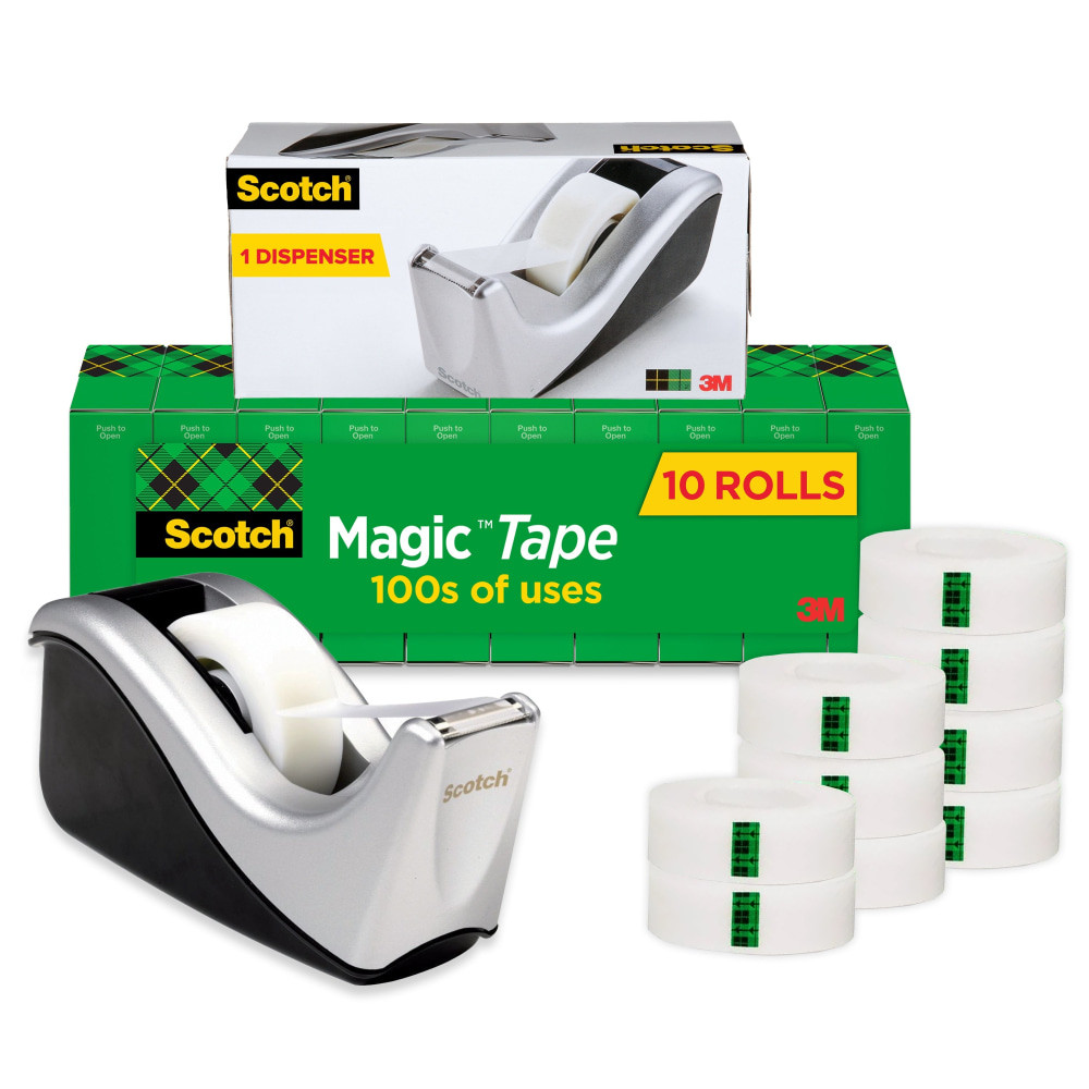 Scotch Magic Tape Value Pack includes a weighted desktop dispenser . The tape is the preferred tape for offices, homes and schools. Its invisible when applied and wonT show on copies. This is an ideal tape for permanent paper mending. It can be written on with pen, pencil or marker, it pulls off the roll smoothly. Scotch Magic Tape cuts easily and is very reliable. The tape is photo safe and made with globally sourced materials.  Preferred tape for offices, homes and schools, ideal for permanent paper mending.  Invisible when applied and wonT show on copies.  Write on it with pen, pencil or marker.  Can be written on with pen, pencil or marker.  Pulls off the roll smoothly and cuts easily, very reliable.  Photo safe.  Tape contains 37% bio-based content (derived from cellulose) by weight  Plant-based content - made using tree-free agricultural products or by-products, helping you support innovative use of plants while reducing use of forests or other resources.