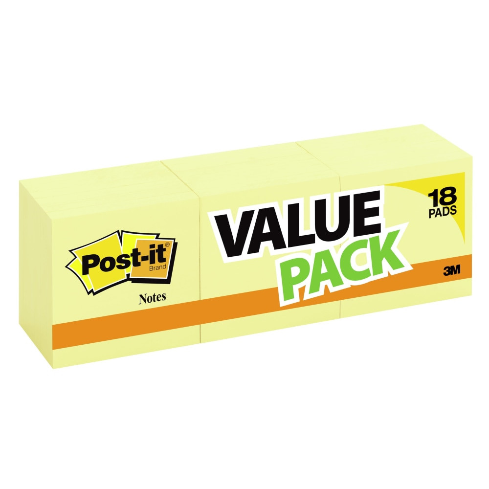 Post-it Notes stick securely and remove cleanly, featuring a unique adhesive designed for use on paper. 3 in. x 3 in. size is great to call out important information or leave notes in calendars or planners. Canary Yellow color helps your note break through. Post-it Notes are recyclable, and the paper in Post-it Notes is sourced from certified, renewable and responsibly managed forests.  Post-it Notes stick securely and remove cleanly  Unique adhesive designed for use on paper or in planners  Leave reminders or call out important information  The paper in Post-it Notes is sourced from certified, renewable and responsibly managed forests  GET ORGANIZED: Each pack includes 18 pads of 3 in. x 3 in. notes, with 100 sheets per pad, great for your office, work area, or classroom  STICKY NOTES: Post-it Notes are versatile, perfect for calendars, planning, quick reminders, daily planners, visual aids, labeling, marking dates, bookmarks, and more  IDEAL FOR: Post-it Notes are the perfect solution for reminders, time tracking, to-do lists, marking cables, color-coding documents, reminding kids to do chores, storyboarding and more  NO SURFACE DAMAGE: Post-it Notes stick securely and remove cleanly; no tape or tacks are needed, and the adhesive backing of these reusable sticky notes allows for easy repositioning  VARIOUS SIZES AND SHAPES: Available in different sizes, with or without lines, to cater to your specific needs  EYE-CATCHING COLORS: Vibrant and colorful reminders are more likely to grab attention and be noticed  ICONIC CANARY YELLOW: The color that started it all  EXPLORE OUR COLLECTIONS: With 11 color collections, the Post-it Brand offers a wide range of options to suit every style and preference, whether at home, in school, or at the office  ORIGINAL CREATOR: Made in the USA with globally sourced materials, the one and only Post-it Note was originally created by Post-it Brand  RECYCLABLE: All Post-it Notes are sourced from certified, renewable and responsibly managed forests; also, Post-it Notes are recyclable  AMERICAs #1 FAVORITE STICKY NOTE: You are more likely to achieve your goals when you write them down