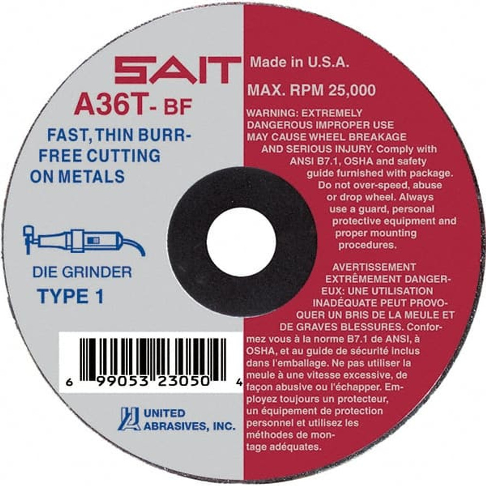 Sait 23042 Cut-Off Wheel: Type 01/41, 3" Dia, 1/16" Thick, 1/4" Hole, Aluminum Oxide