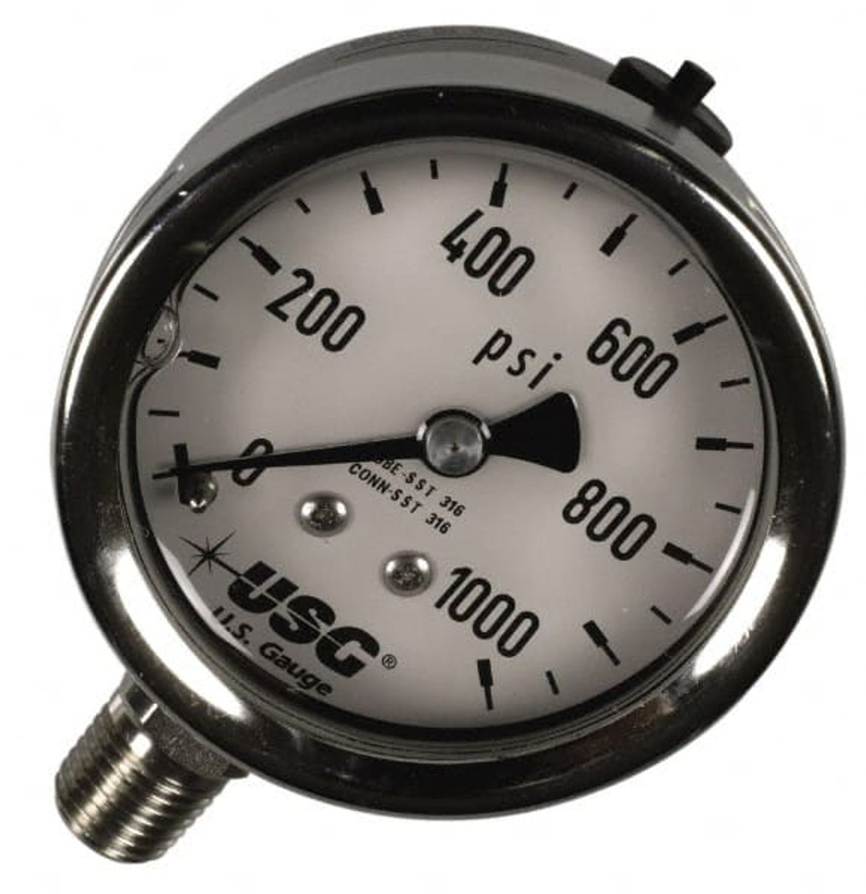 Ametek 256152LG Pressure Gauge: 2-1/2" Dial, 1/4" Thread, Lower Mount