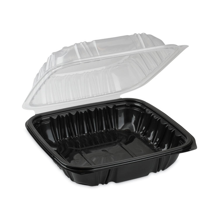 PACTIV EVERGREEN CORPORATION DC757100B000 EarthChoice Vented Dual Color Microwavable Hinged Lid Container, 28 oz, 7.5 x 7.5 x 3.1, Black/Clear, Plastic, 150/Carton