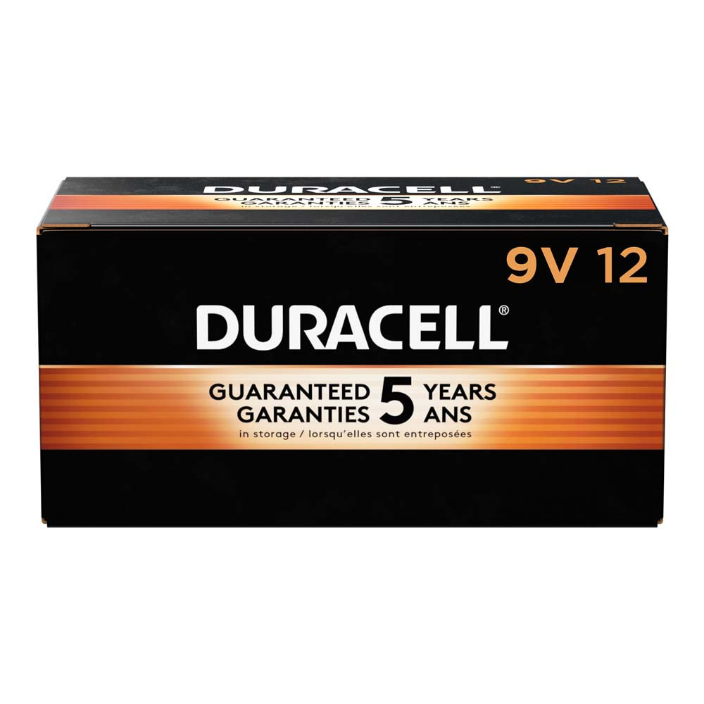 Duracell Coppertop 9V All-Purpose alkaline batteries are not only dependable, they're long-lasting. With a guarantee of 5 years in storage, you can rest assured these 9V batteries will be ready when you need them during storm season or power outages. Duracell Coppertop batteries deliver reliable power to your everyday devices throughout the home, like toys, remote controls, flashlights, calculators, clocks and radios, wireless mice and keyboards, and more. Coppertop batteries are available in AA, AAA, C, D, and 9V sizes. Duracell guarantees these batteries against defects in material and workmanship. Should any device be damaged due to a battery defect, we will repair or replace it at our option. From storm season to medical needs to the holidays, Duracell is the #1 trusted battery brand.  LONG-LASTING BATTERIES DESIGNED FOR DEPENDABILITY: Duracell Coppertop alkaline batteries deliver the lasting power and performance you can count on for electronic devices throughout the home or on-the-go.  RELIABLE POWER: As a general-purpose battery, the Duracell Coppertop 9V alkaline battery is made to power everyday devices throughout the home, like toys, remote controls, flashlights, clocks and radios, portable electronics, and more.  GUARANTEED FOR 5 YEARS IN STORAGE: Duracell guarantees each Coppertop 9-Volt alkaline battery to last 5 years in storage, so you can be confident these batteries will be ready when you need them.  QUALITY ASSURANCE: With Duracell batteries, quality is assured as every Duracell product is guaranteed against defects in material and workmanship.  #1 TRUSTED BATTERY BRAND: From storm season to medical needs to the holidays, Duracell is the #1 trusted battery brand  Coppertop is available in Double A (AA), Triple A (AAA), C, D, and 9V sizes.  Box of 12 Batteries