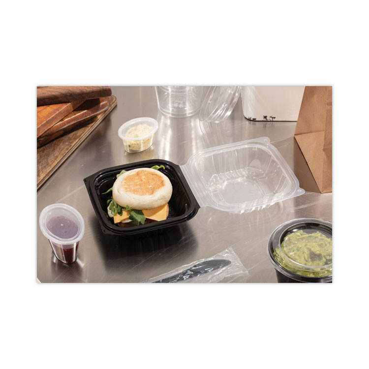 PACTIV EVERGREEN CORPORATION DC6610B000 EarthChoice Vented Dual Color Microwavable Hinged Lid Container, 16 oz, 6 x 6 x 3.1, Black/Clear, Plastic, 321/Carton
