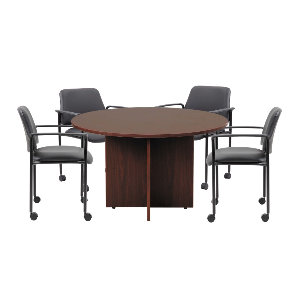 NORSTAR OFFICE PRODUCTS INC. GROUP123M-D Boss Office Products Round Table And 4 Stackable Guest Chairs Set, 47in Diameter, Mahogany/Black