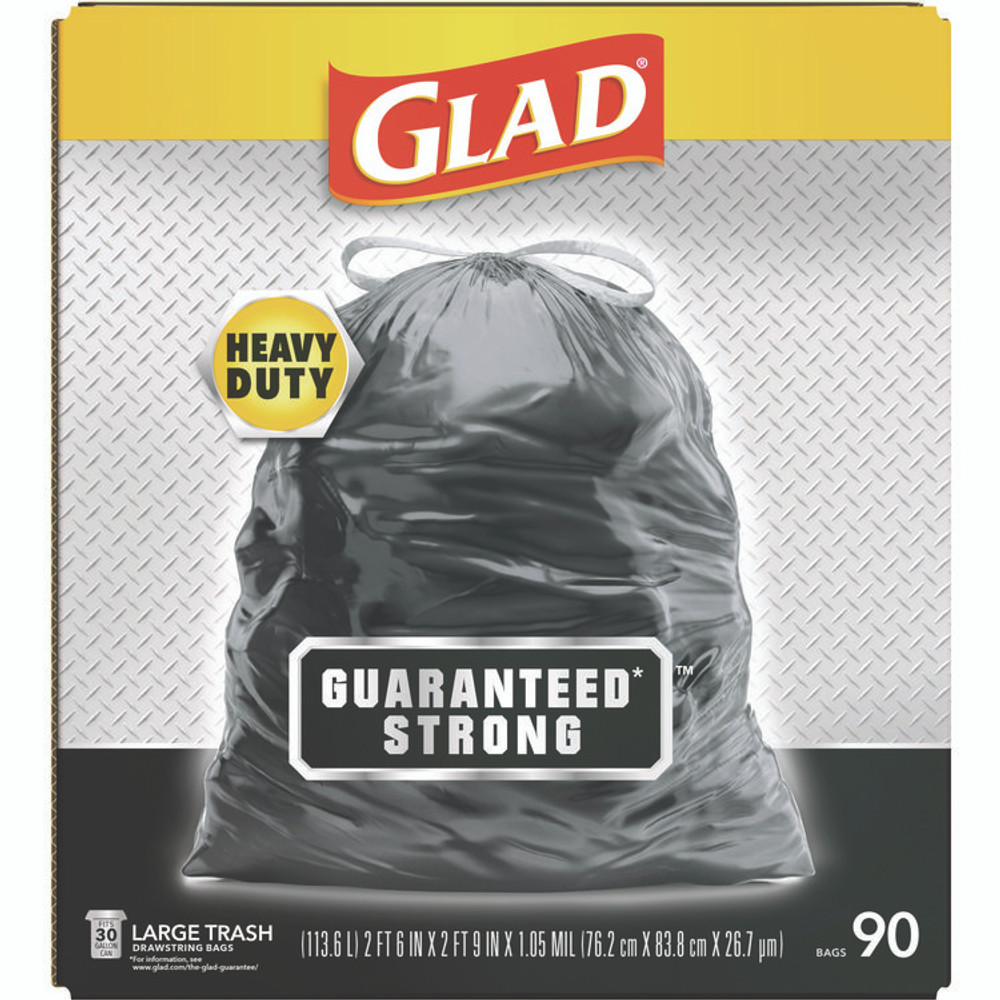 CLOROX SALES CO. Glad® 78952 Guaranteed Strong Large Drawstring Trash Bags, Three-Ply, 30 gal, 1.05 mil, 30" x 33", Black, 90/Carton