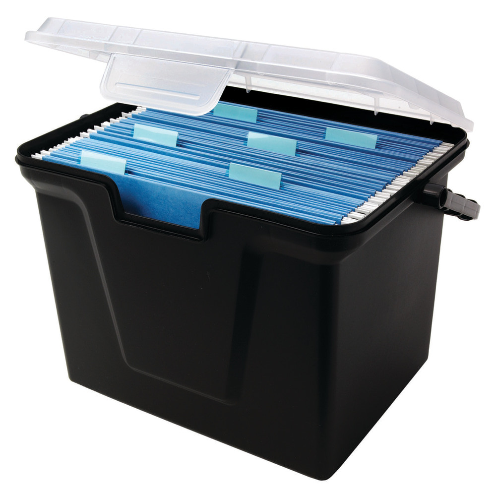 Clients and coworkers depend on you for information in a heartbeat, and staying organized at home and on the go lets you keep essential documents within easy reach. Thanks to this boxs tough, portable design you are prepared no matter where the day takes you.  Durable handle for easy moving.  Latch closure keeps contents secure.  Durable polypropylene construction provides strength for stacking.  Contains Recycled Content - See Specs for Details.