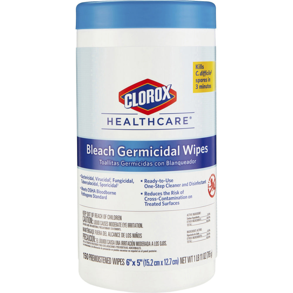 THE CLOROX COMPANY Clorox 30577  Healthcare Germicidal Wipes With Bleach, Unscented, 6in x 5in, Pack Of 150 Wipes