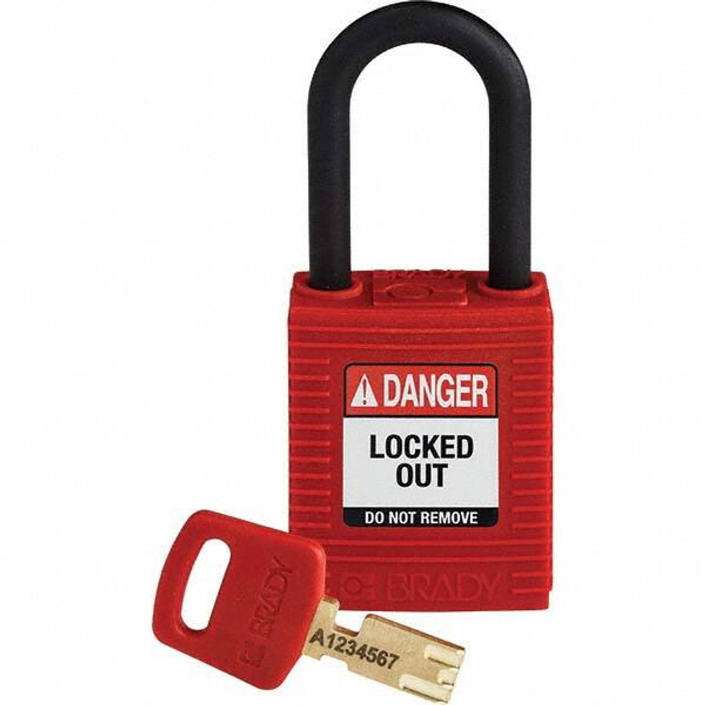Brady 150342 Lockout Padlock: Keyed Different, Key Retaining, Nylon, Plastic Shackle, Red