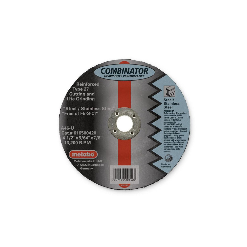 Metabo 616500420 Cut-Off Wheel: Type 27, 4-1/2" Dia, 5/64" Thick, 7/8" Hole, Zirconia Alumina