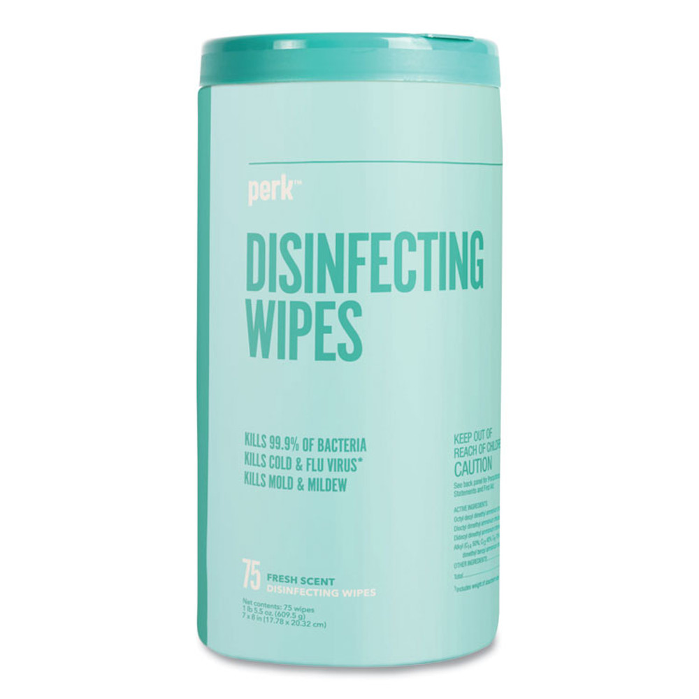 PERK 24411130 Disinfecting Wipes, 7 x 8, Fresh, White, 75 Wipes/Canister